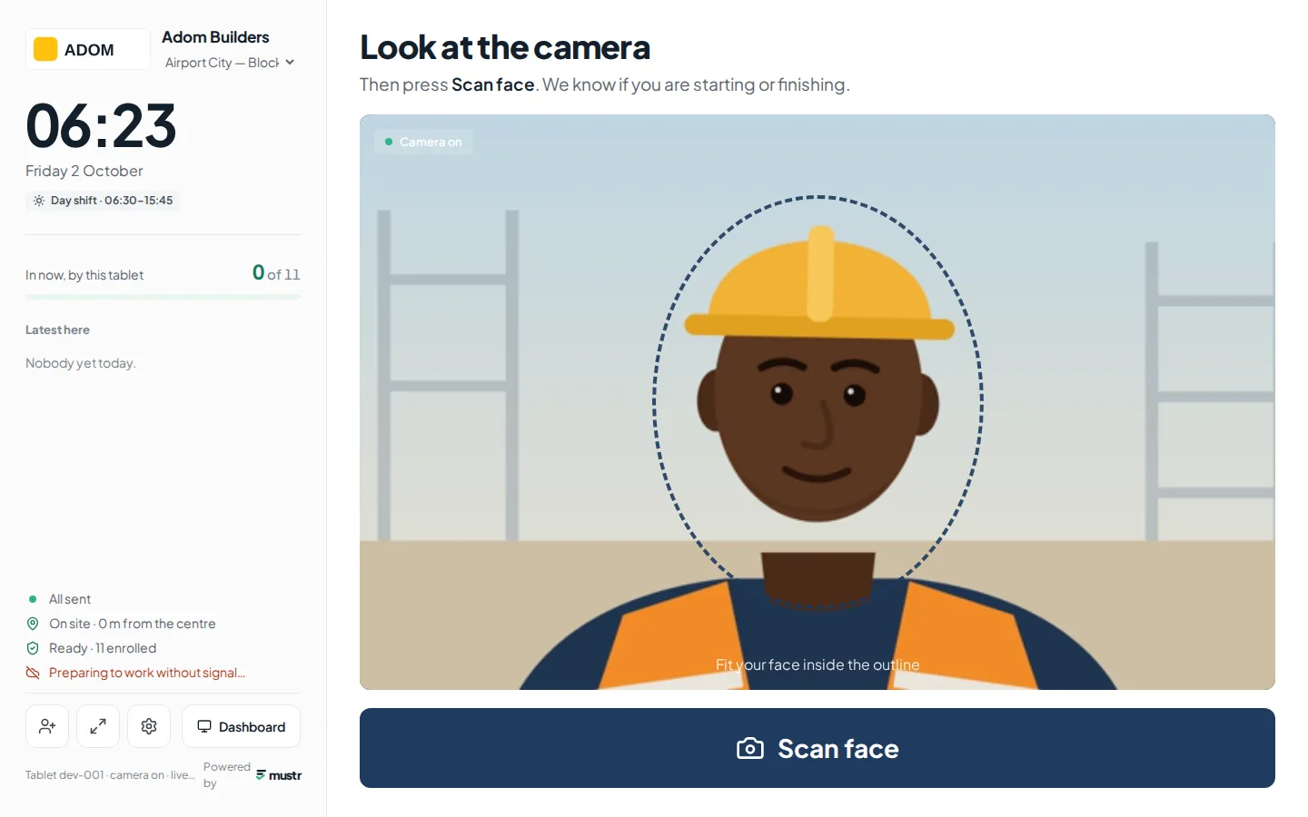 The site tablet asking a worker to look at the camera and press Scan face.